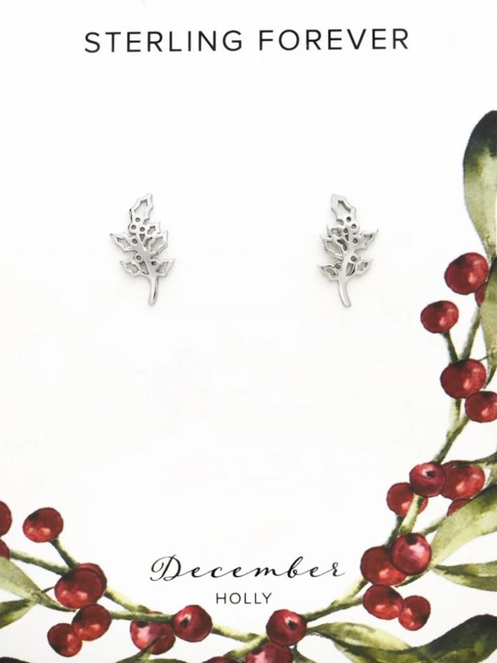 Sterling Forever Sterling Silver December Birth Flower "Holly" Stud Earrings NIB